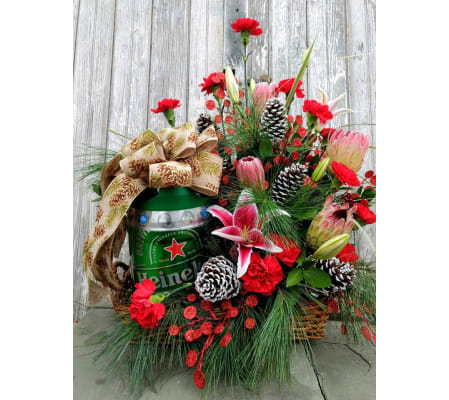 LARGE ARRANGEMENT BUILT AROUND CUSTOM GIFT