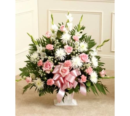 Pink and White Sympathy Floor Basket Spray