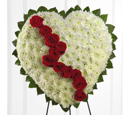 Broken Heart white chrysanthemum and red roses