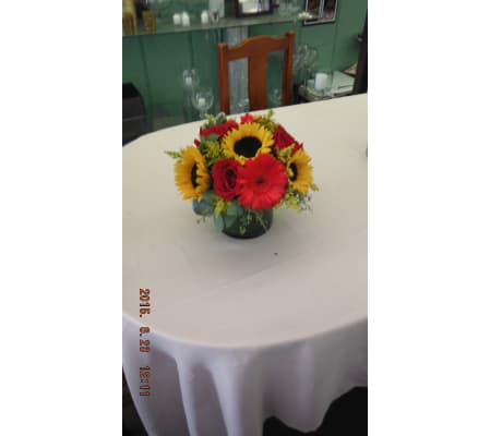 sun flowers and red gerber daisies, red roses and solidiego
