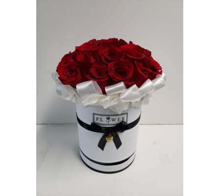Red Roses in a White Couture Box