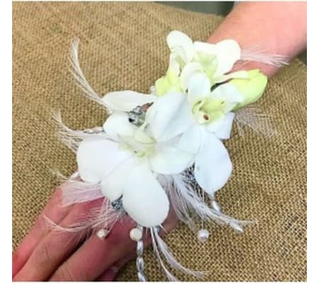 White Dendrobium Orchid & Feather Wristlet
