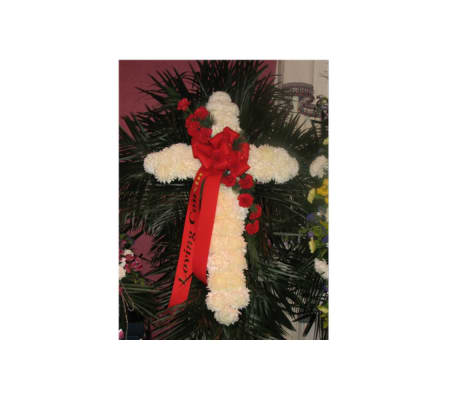 WHITE MUM CROSS WITH RED CARNATION BREAK