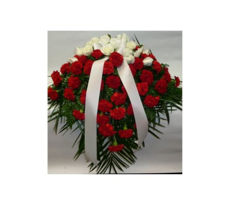 CASKET SPRAY- RED CARNATIONS & WHITE ROSES