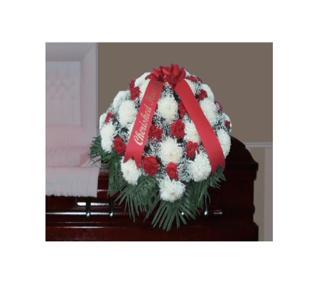 WHITE FOOTBALL MUM AND RED CARNATION CASKET SPRAY