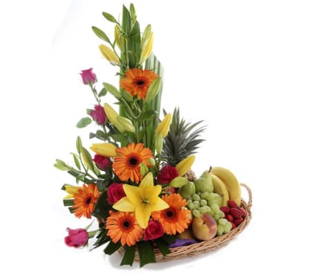 Basket Of Flowers And Fruits