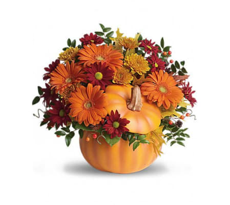 FALL MIX OF FLOWERS IN CERAMIC PUMPKIN