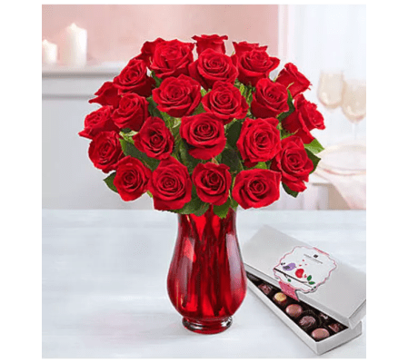 Two Dozen Red Roses With Chocolate Arranged