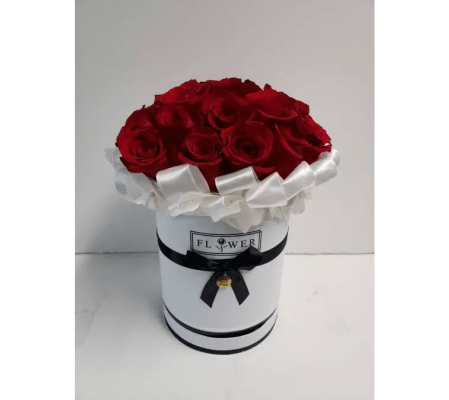 Red Roses In White Couture Box
