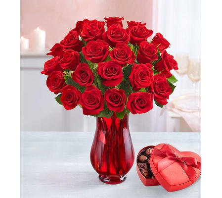 2 Dozen Red Roses + Box Of Chocolates Bundle