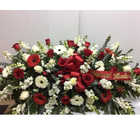 Red and White Sympathy Casket Spray