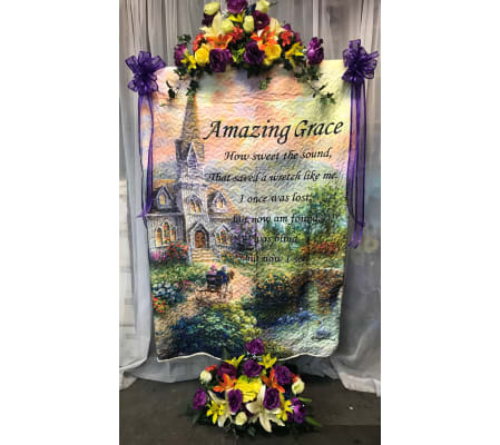 Amazing Grace Quilt on Stand with Silk Flowers