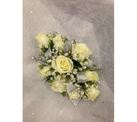 Wristlet 6 - white spray roses, silver accents