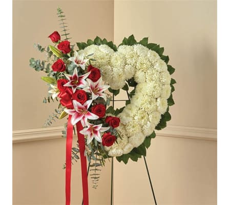Sympathy Red Rose & Lily Standing Open Heart