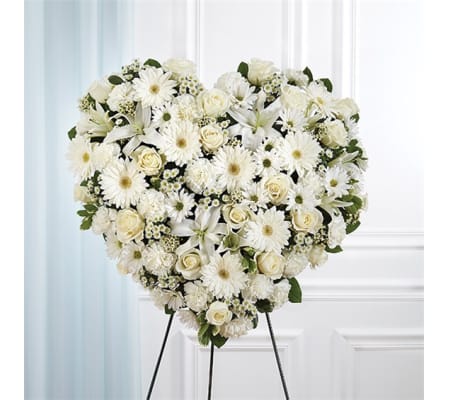 Sympathy All White Mixed Flower Solid Heart Standing