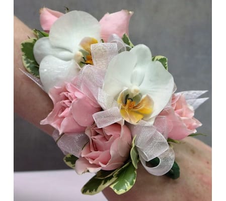 White Orchid & Pink Rose Corsage/Boutonniere