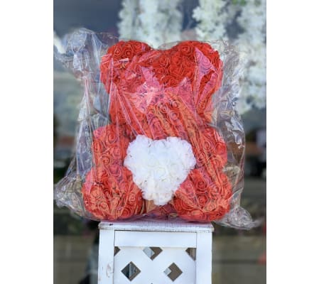 Medium Red Rose Bear (With White Heart)