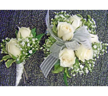 White roses wrist corsage and bout. package