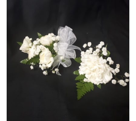 White carnation corsage and boutonniere Set