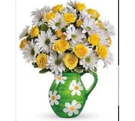 yellow rose and happy Daisy pitcher