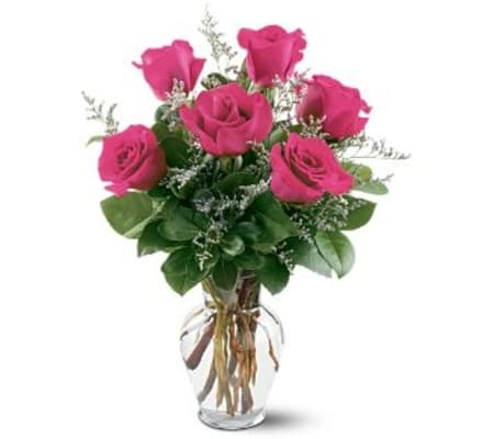 1/2 DOZEN PINK ROSES IN VASE WITH GREENS AND FILLER