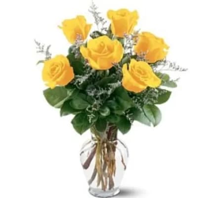 1/2 DOZEN YELLOW ROSES IN VASE WITH GREENS AND FILLER