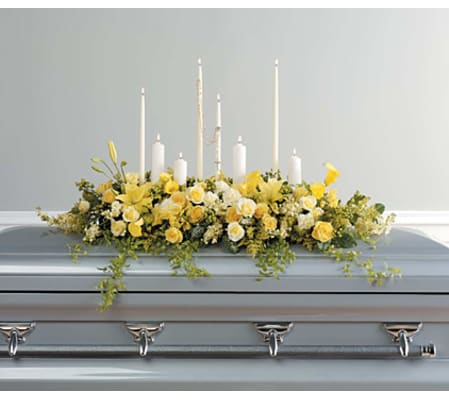 Yellow Casket Spray with Rosary and Candles