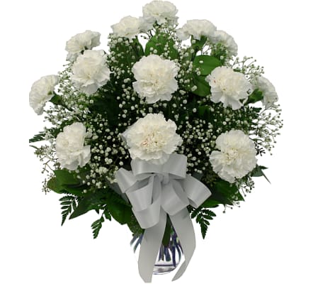 12 White Carnations in vase
