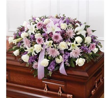 LAVENDER AND WHITE CASKET SPRAY MEMORIES