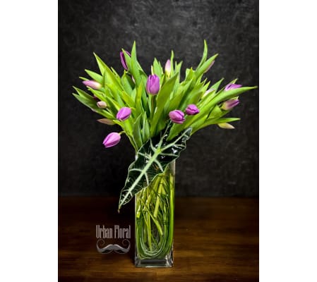 20 purple tulips in a vase