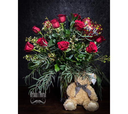 12 premium red roses with a teddy bear and small valentine's ball