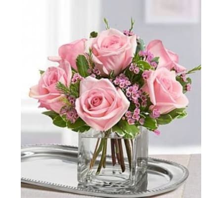 DOZEN PINK ROSES ARRANGED LOW & DENSE IN A VASE