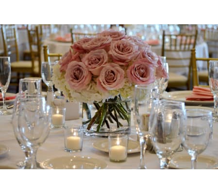 PINK ROSES & HYDRANGEA ARRANGED IN LOW VASE