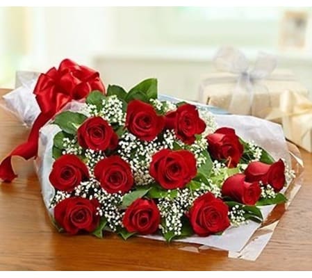 DOZEN RED ROSES WRAPPED TO PRESENT AND ARRANGE AT HOME