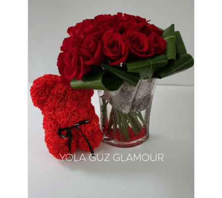 Luxurious Roses And Bear Bouquet