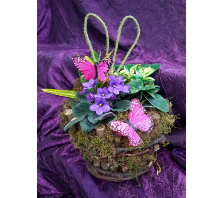 RUSTIC LIVE EASTER BASKET WITH BUTTERFLIES AND MOSS