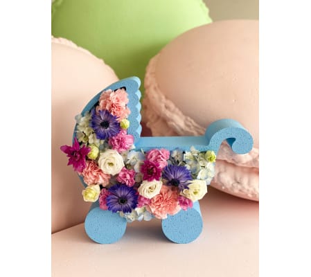 Blue or Pink Baby Carriage Boxed Flowers