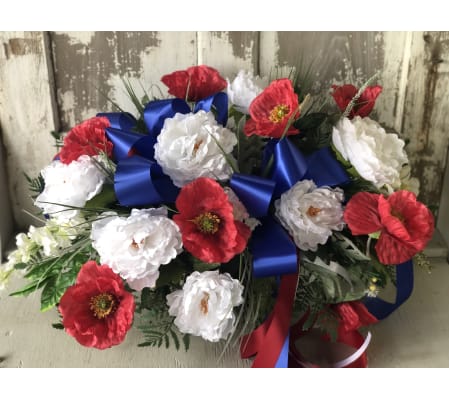 White and Red Spray with Blue Ribbon