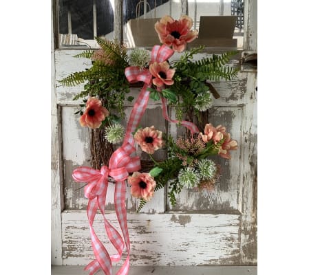 Square Wreath with Coral Gingham Bow