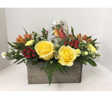 Floral Lamp Arrangement with Cardinals