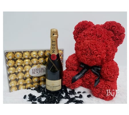 Moet and Ferrero with Glamour Rose Bear Red