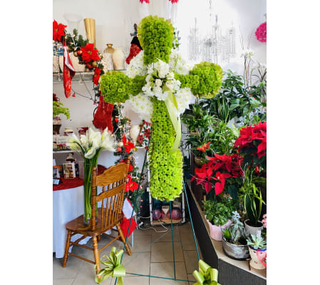 Green & White Standing Cross Tribute