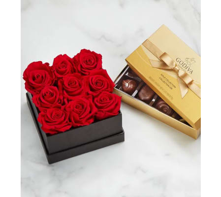 9 Preserved Red Roses in Black Box with Chocolates