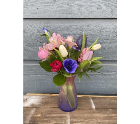 Easter Sparkle- Variety of Springy Flowers in colored vase