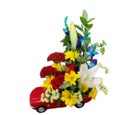 Flowers for Father in Red Mustang