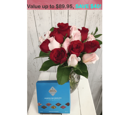2 Dozen Mystery Color Rose Arrangement + Chocolate