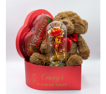 Eternal Rose and Teddy Bear with Chocolate