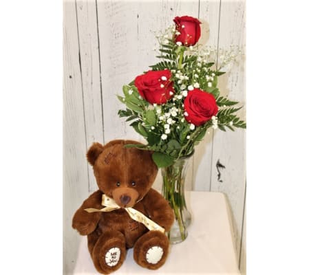 Red Rose Trio with Plush Bear