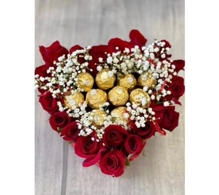Red Roses in a Heart Box with Ferrero