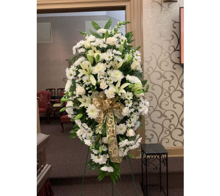 White Standing Spray with Gold Ribbon